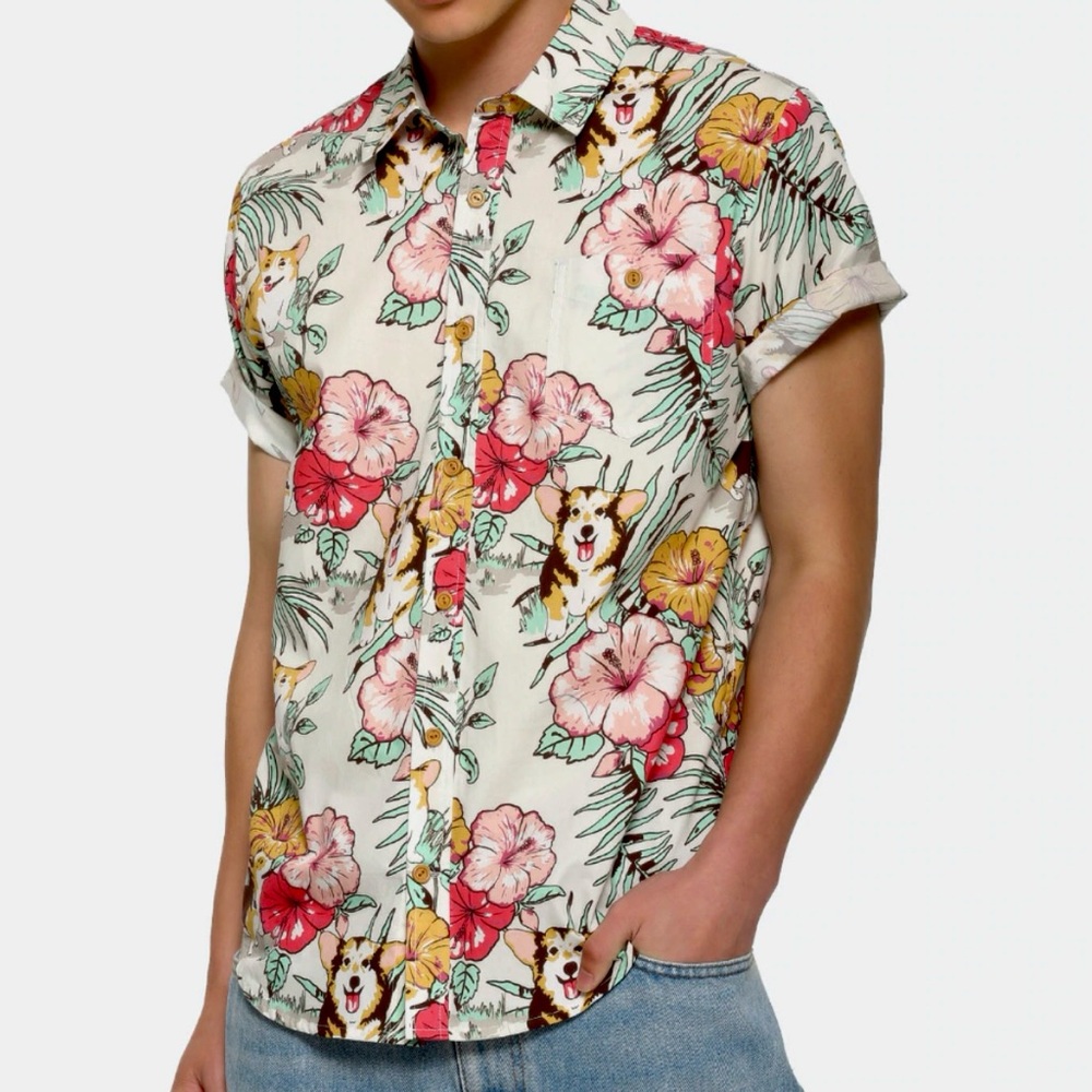 HOT TOPIC Men’s Size 2X Hawaiian Style Shirt Corgi Dog Print XXL